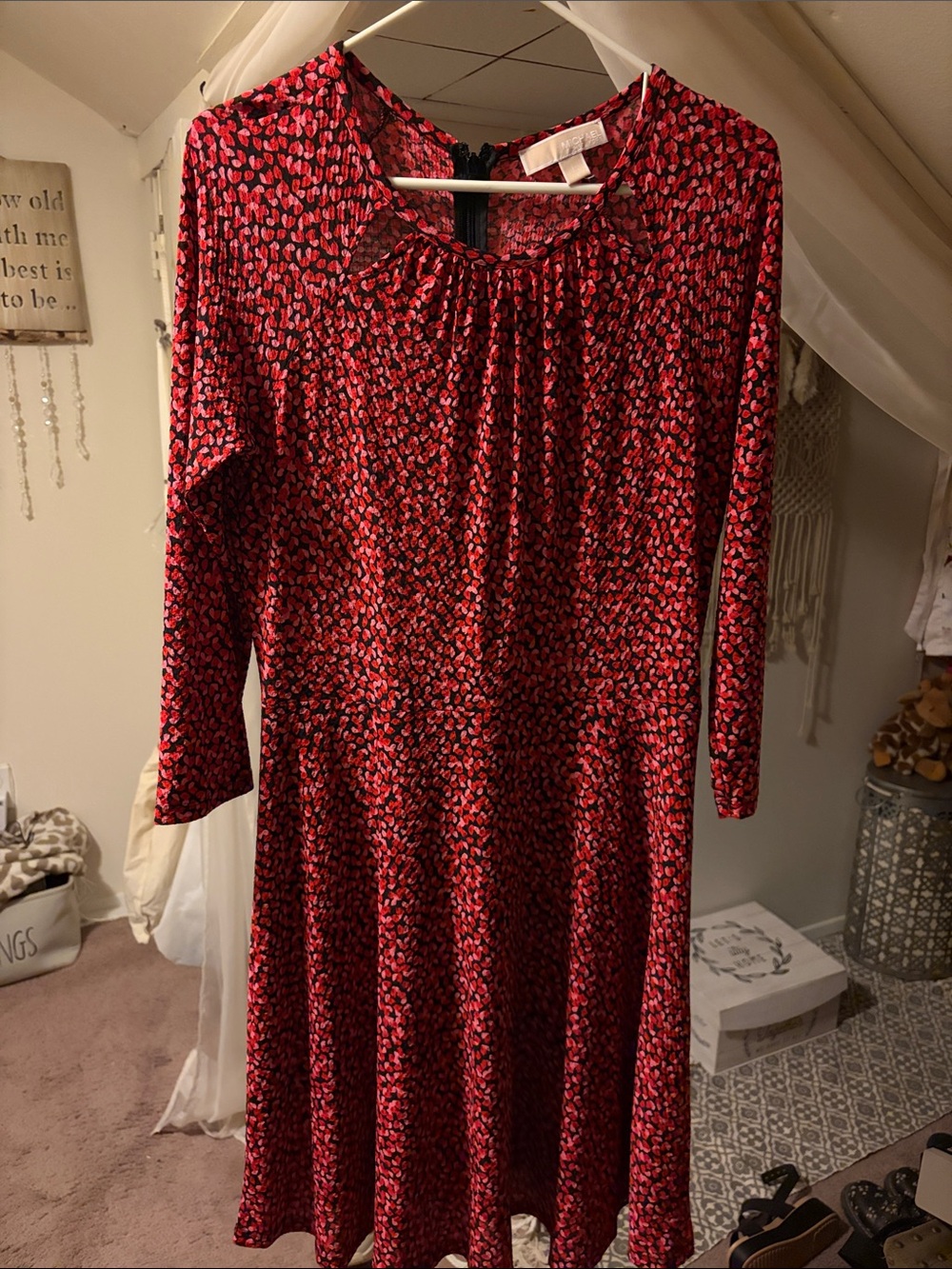 MICHAEL Michael Kors Red and Pink Long Sleeve Cutout Dress